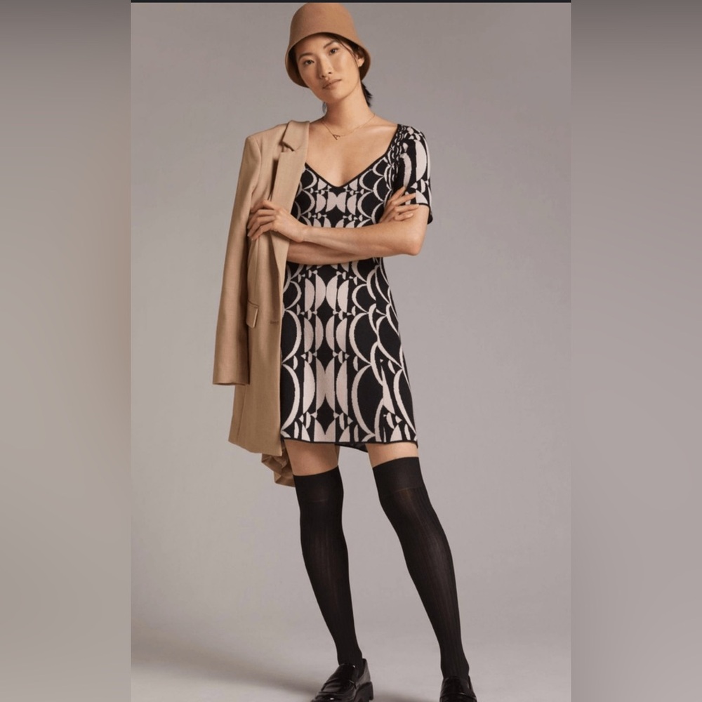 Anthropologie Jacquard Black and Cream Geometric Dress Size M
